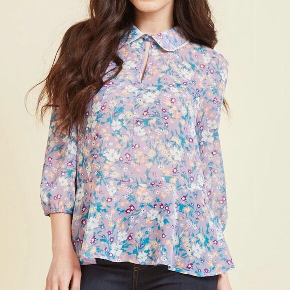 ModCloth Floral Purple Chiffon Blouse with Peter Pan Collar Medium - Picture 1 of 7